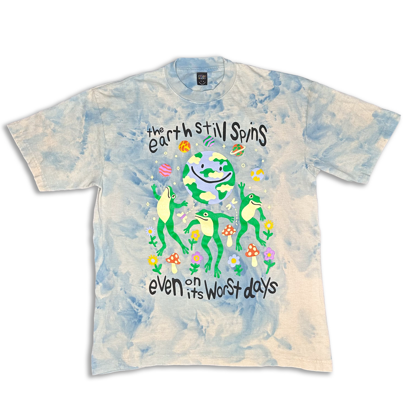 earth still spins t shirt - blue on beige